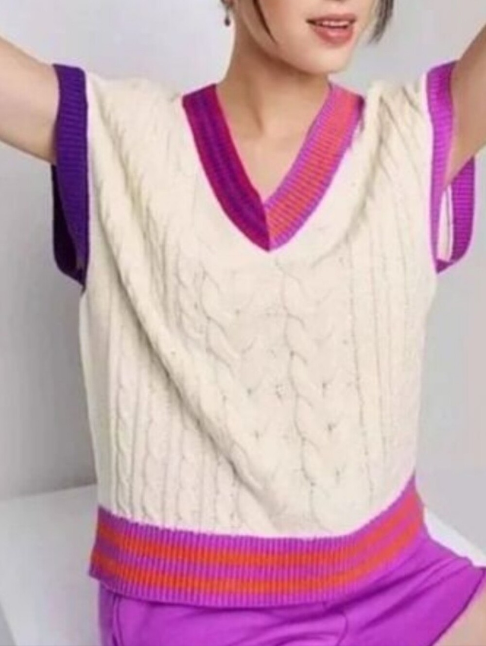 NWT- Wild Fable Cream Cable Knit Sweater Vest with Purple Trim Size Small Layer